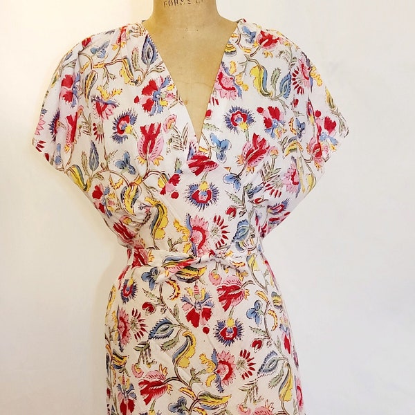 Multi-colored floral print cotton dress  1940s tie-back dress, vintage reproduction, floral dress for wedding guest. M/L