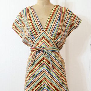 Rainbow pinstripe cotton dress  1940s tie-back dress, vintage reproduction, multi-color stripes dress for wedding guest. M/L