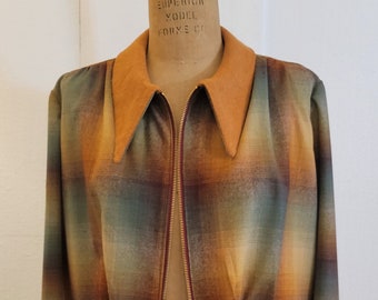 1930s Plaid shirt jacket, remade in Retro ombre plaid wool and flannel trim, Zip front jacket. vintage reproduction.  Small/Med