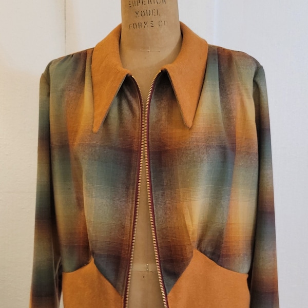 1930s Plaid shirt jacket, remade in Retro ombre plaid wool and flannel trim, Zip front jacket. vintage reproduction.  Small/Med