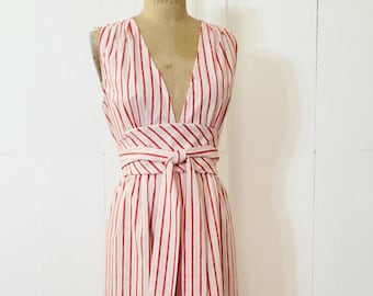 1970s Striped Tent Dress: Red & Pink Cotton Sundress with Obi Belt