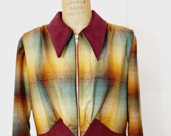 1930s Plaid shirt jacket, remade in Retro ombre plaid wool and  maroon corduroy trim, Zip front jacket. vintage reproduction.  Small/Med