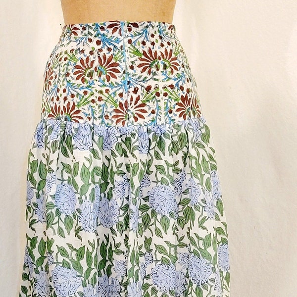 Drop waist cotton skirt in mixed floral block prints from India size small