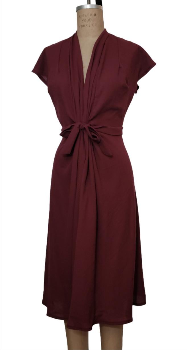 1940s Style Goddess Dress: Dark Red Cotton Gauze, Cinched Waist - Small