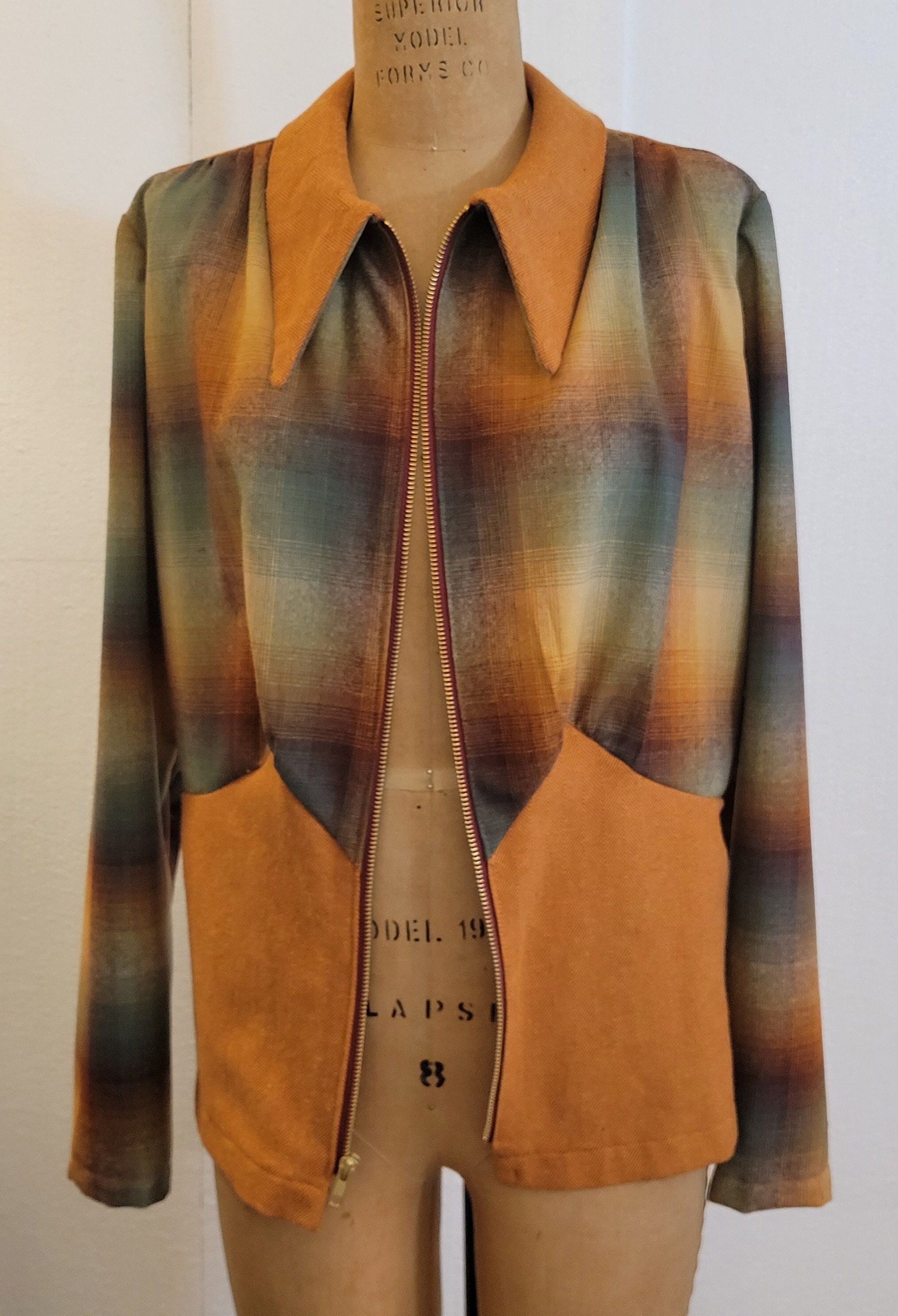 1930s Plaid Shirt Jacket, Remade in Retro Ombre Plaid Wool and