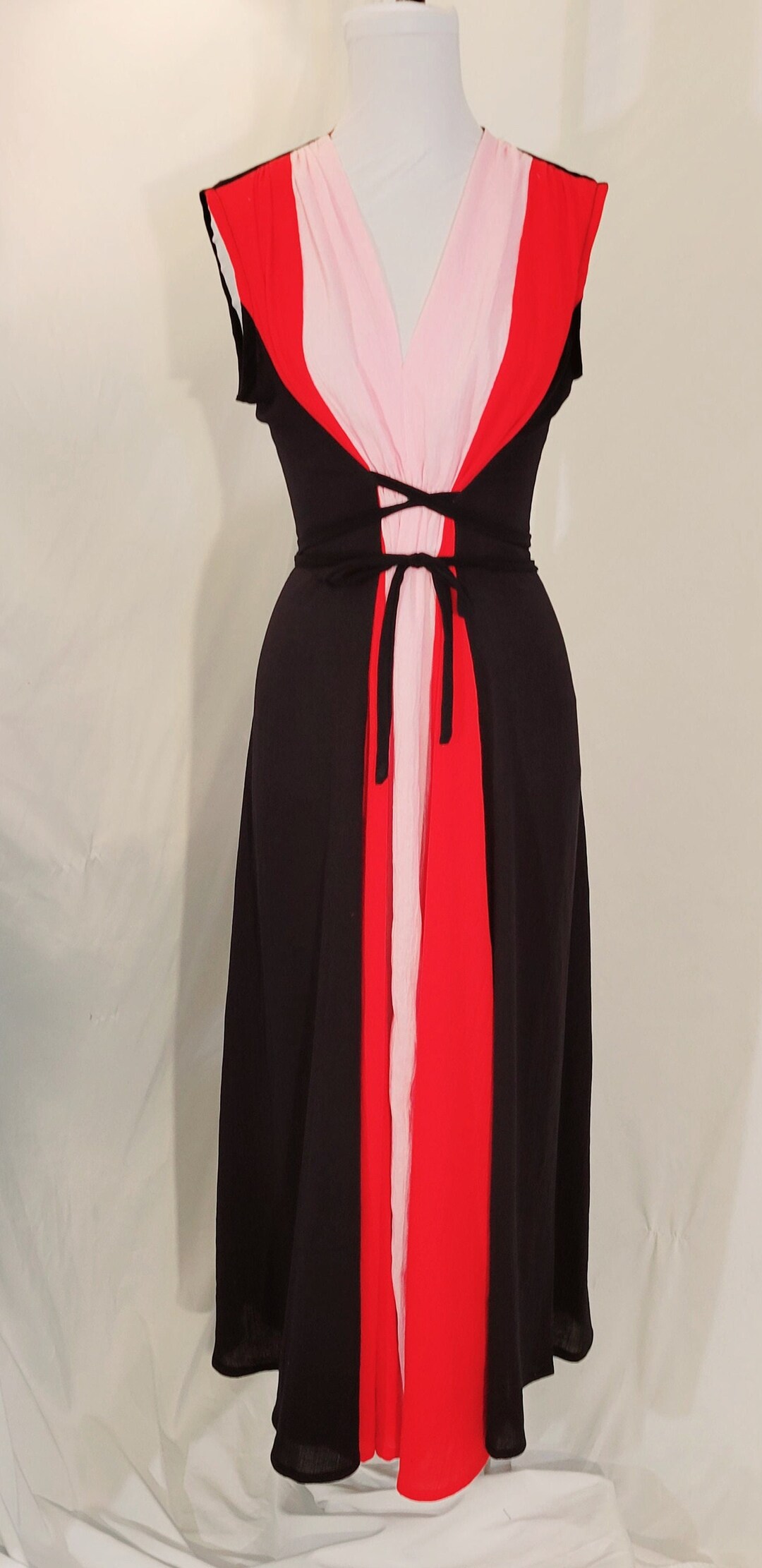 Black Gauze Goddess Dress, With Pink and Red Color Block. Perfect for