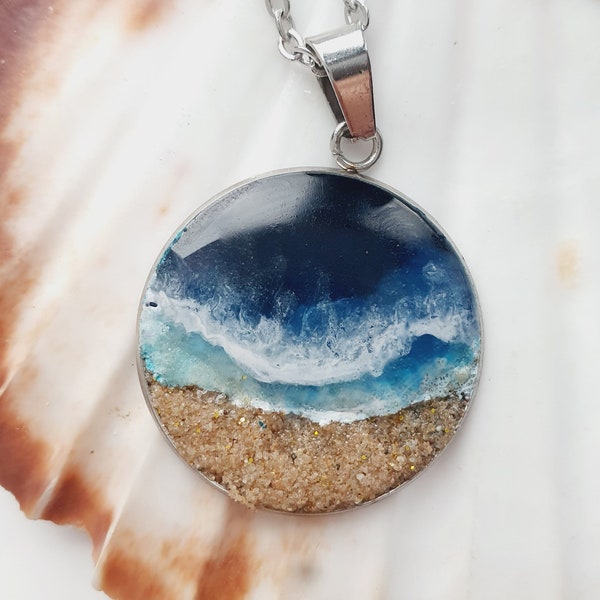 TEXTURED ORIGINAL Glow in the Dark Handmade Necklace, Beautiful Resin Necklace,Beach Ocean Necklace, Stainless steel Blue Sea Resin Necklace