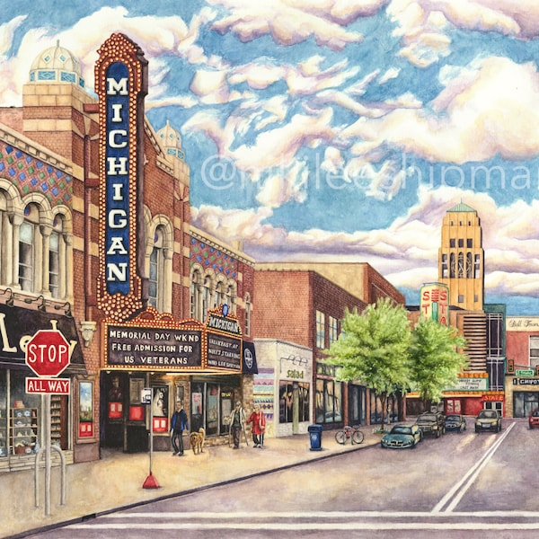 Ann Arbor Art Watercolor Painting Print, University of Michigan, Graduation Gift, Grad Gift, Wolverine Decor Art, U of M, Michigan Painting