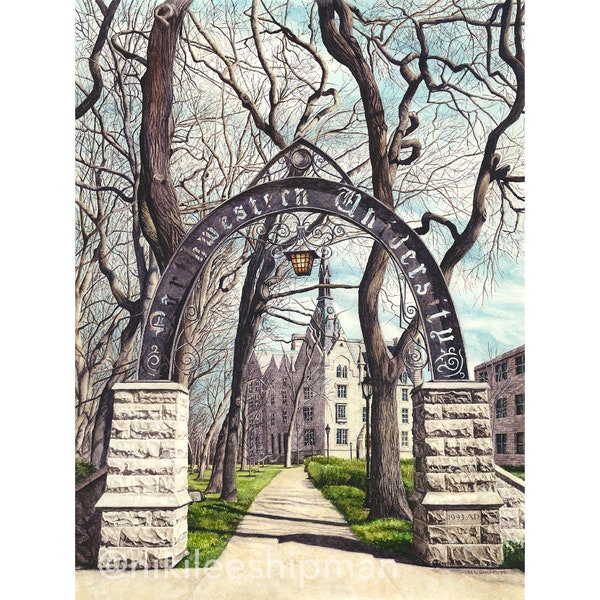 Northwestern University Watercolor Painting Print NWU Graduation Gift Chicago Art Evanston Wildcats Wall Decor Landscape Art Chicago Paint