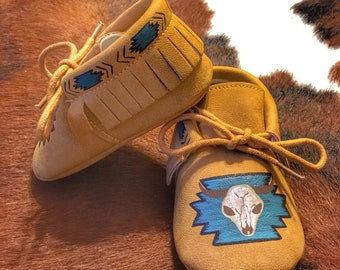 Aztec bull skull moccasins