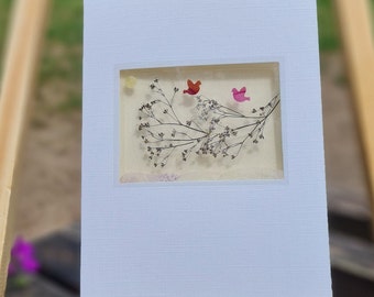 Carte oiseaux fleurs pressées, carte d&#39;anniversaire, carte de voeux, carte de voeux fleurs sèches, cadeau pour amoureux des plantes, carte florale, carte unique