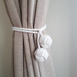 Monkey fist curtain tieback, macrame curtain tiebacks, cotton rope curtain tiebacks, white curtain tieback, nautical tie backs