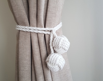 Monkey fist curtain tieback, macrame curtain tiebacks, cotton rope curtain tiebacks, white curtain tieback, nautical tie backs