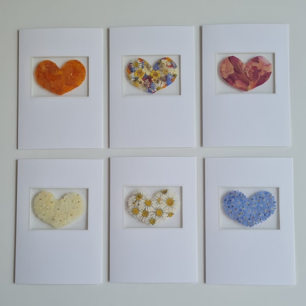 Assorted Real Dried Flowers Cards, Pack of 6 Cards, Flower Heart Cards, Valentines Day, Engagement Cards, Romantic Cards, I Love You Cards