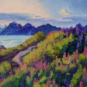 May include: A painting of a landscape with a winding path leading up a hill covered in purple and pink wildflowers. The background features a blue body of water and a mountain range.
