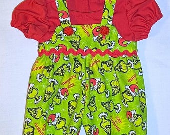 15in Doll Overalls Outfit: Grinch, Christmas Clothes - Blouse & Headband