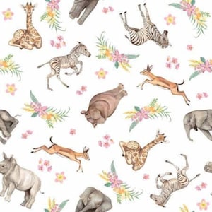 May include: Watercolor illustration of various African animals, including giraffes, zebras, elephants, and rhinos, scattered across a white background. Floral accents in pink, yellow, and green add a decorative touch to the animal pattern.