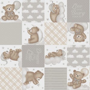 May include: A patchwork design featuring teddy bears, clouds, stars, and the phrases "Love you Beary much" and "Dream big Little one." The color palette includes beige, gray, and white, creating a soft, whimsical aesthetic.