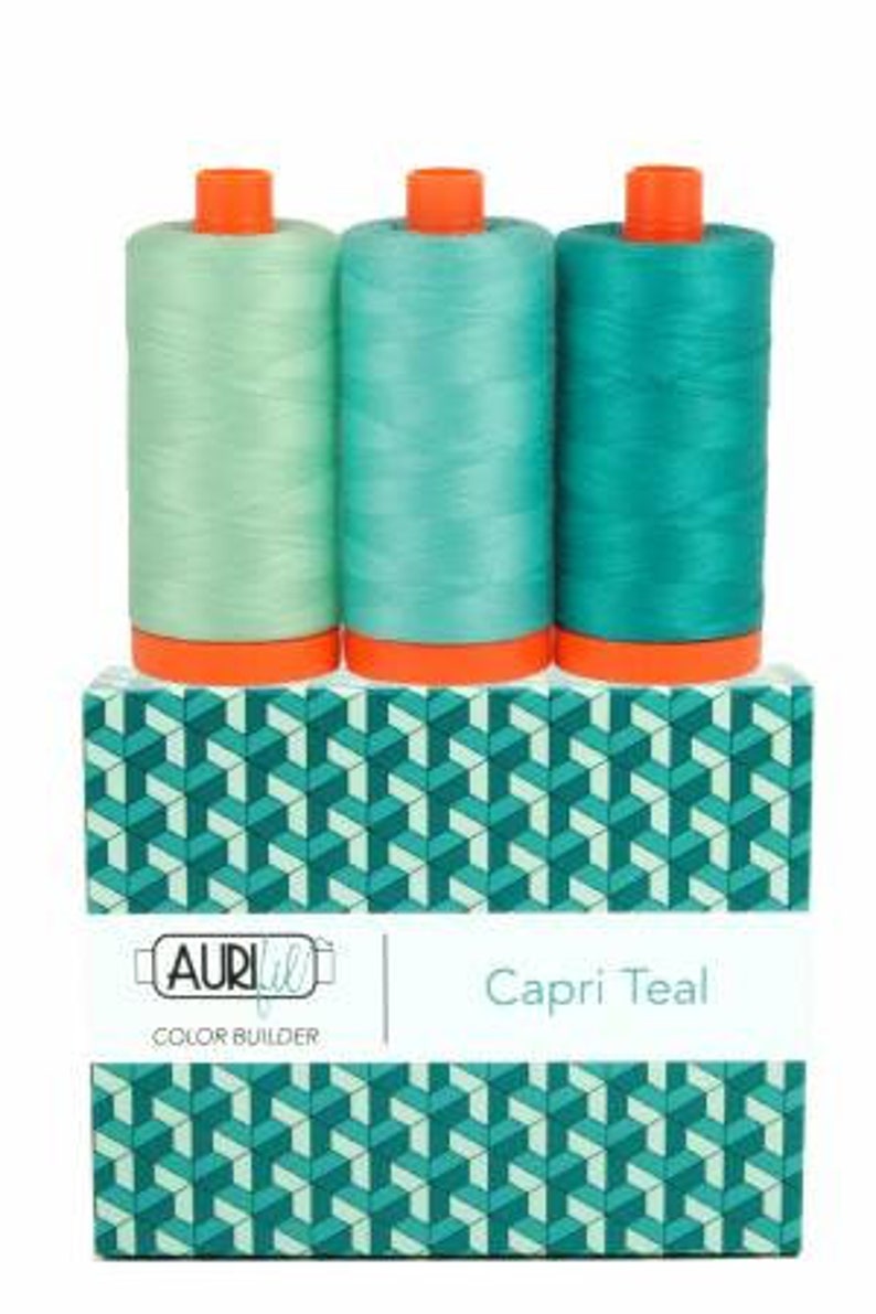 May include: Three spools of thread in shades of teal, green, and light green, labeled "AURIfil Color Builder Capri Teal".