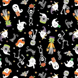 May include: A black Halloween-themed pattern featuring various cartoon characters. The design includes ghosts, skeletons, mummies, bats, cats, and Frankenstein's monster, along with pumpkins and stars. The characters are in white, orange, green, and purple.