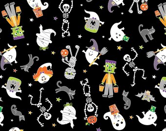 Skeletons, Ghosts, Frankenstein Friends, Glow-O-Ween Glowing characters sold in one yard quantities
