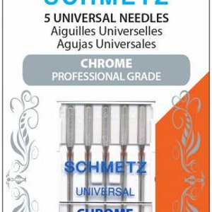 May include: A package of 5 chrome universal sewing machine needles from the brand Schmetz. The package includes two sizes: 130/705 H and 80/12.