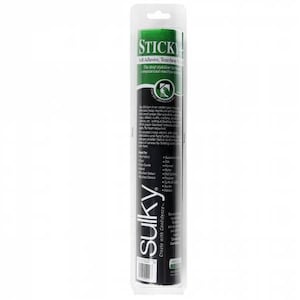 May include: A black and green roll of Sulky Sticky+ Self-Adhesive, Tear-Away Stabilizer. The label reads "Sticky+ Self-Adhesive, Tear-Away Stabilizer. The ideal stabilizer for all embroidery machines and sergers. Great for: Silk, Lace, Velvet, Knit Fabrics, Sheer Fabrics, Lightweight Fabrics, Woven Fabrics, Leather, Felt, Canvas, Embroidery Designs, Quilting, Applique, Beads & Crystals, Ruffles & Gathering, Ribbon, and more."  Create with Confidence. Sulky.
