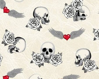 Born To Ride - Neutral Vintage Motorcycle Skulls  100% Cotton Fabric, sold by the yard