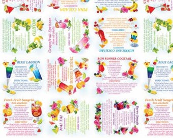 Bentarex Tropical Escape Cocktail words 1 - white - sold in one yard quantities