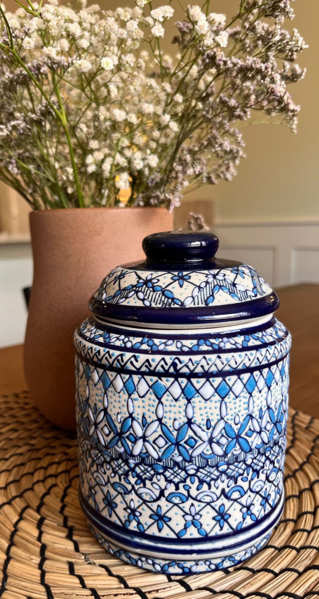 Bico Blue Talavera Ceramic Canister Set of 3 for Kitchen Counter, 62oz,  40oz, 32oz each, with Wooden Air Tight Lid, Food Storage Jar for storing