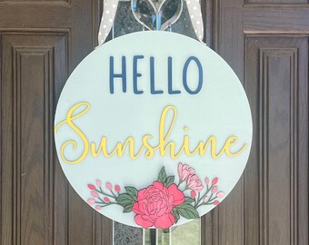 Drewniana zawieszka na drzwi Hello Sunshine, letni wieniec z kwiatów 3D