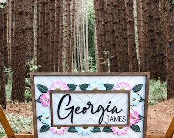 Name Sign, Floral Name Sign, Custom Floral Name Sign, Wood Name Sign, Wood Name Sign, Nursery Name Sign, Flowers, Floral Nursery Name Sign