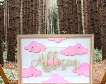 Custom 3D Nursery Name Sign, Hand-Shaped Clouds, Wood Frame