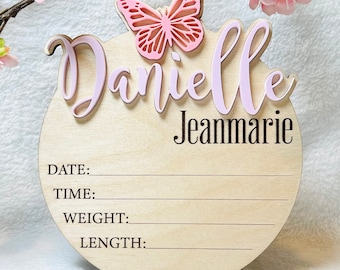 Butterfly Baby Stat Sign, Engraved Wood, 3D Acrylic Name