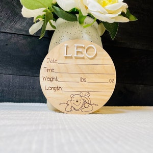 Winnie the Pooh Birth Stats Sign: 3D Acrylic Name, Birch Wood