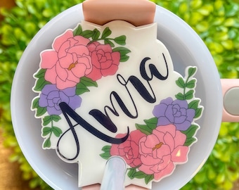 Personalized Floral Stanley Topper, Acrylic Name Tag