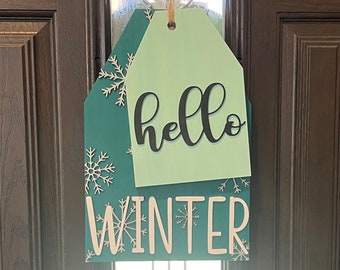 Hello Winter Wood Door Sign: Snowflake Winter Decor