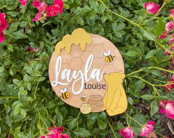 Birth Announcement Sign, Baby Name Sign, Baby Keepsake, Newborn Name Sign for Hospital, Classic Pooh Name Sign, Pooh Bear, Birth Stat Sign