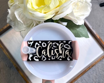 Cheetah Print Stanley Tumbler Topper, Custom Name Tag