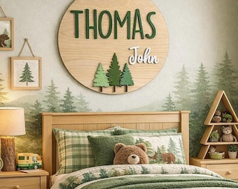 Woodland Nursery Name Sign: 3D Forest Theme, Custom Birch Wood
