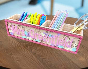 Personalized Teacher Desk Organizer: Shaker Pencil Caddy, Engraved Wood