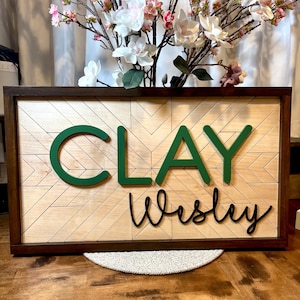 Plaque de nom de famille personnalisée : bois patchwork 3D, décoration de chambre d'enfant