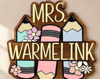 Personalized Teacher Name Sign | Custom Classroom Decor | Wooden Pencil Teacher Door Hanger | Handmade Teacher Gift | Pastel Classroom Sign