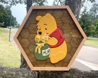 Handmade Winnie the Pooh Wooden Art, Honeycomb Hexagon Frame