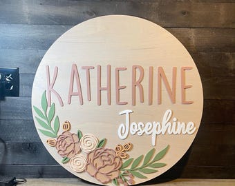 Name Sign, Floral Name Sign, Custom Floral Name Sign, Wood Name Sign, Round Wood Name Sign, Nursery Name Sign, Family Sign, Baby Name Sign