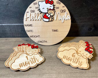 Birth Announcement Sign, Baby Name Sign, Baby Keepsake, Newborn Name Sign for Hospital, Hello Kitty Name Sign, Baby Monthly Milestone Cards