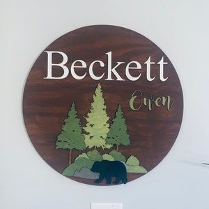 3D Woodland Nursery Name Sign: Bear Mountain Round Wood Decor