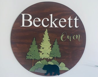 3D Woodland Nursery Name Sign: Bear Mountain Round Wood Decor