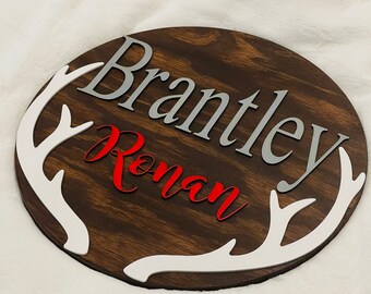 Custom Nursery Name Sign: 3D Antler Deer, Woodland Theme