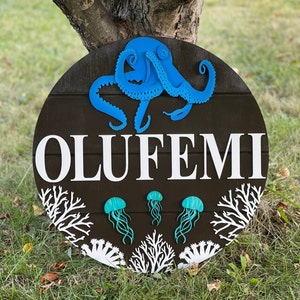 Nursery Name Sign, Ocean Nursery Name Sign, Round Name Sign, Kids Name Signs, Baby Shower Gifts, Marine Life, Name Plaque, Octopus Sign